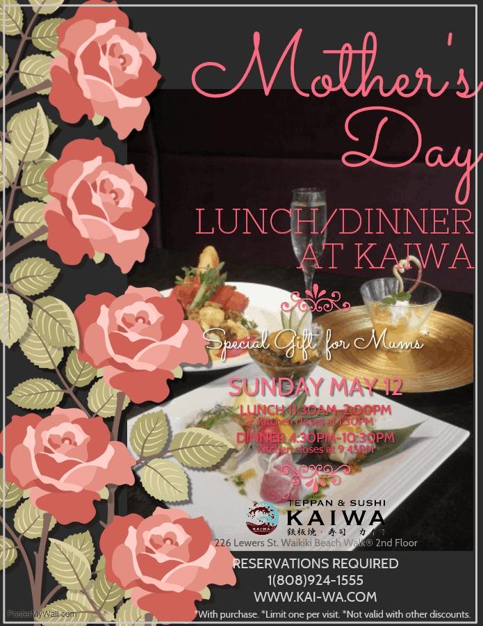 Celebrate Mother's Day at Japanese Restaurant "KAIWA" Oahu's Best Coupons